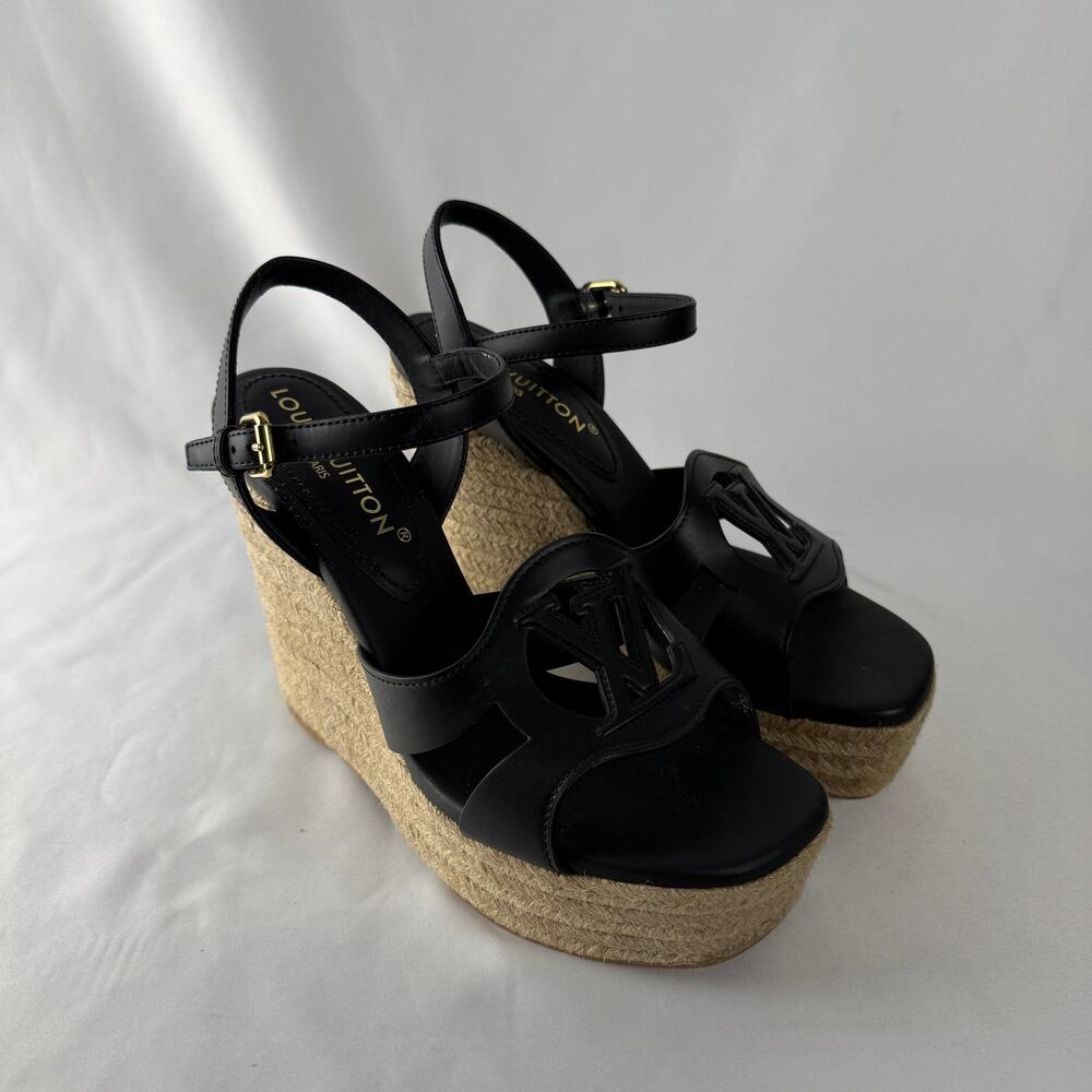 Louis Vuitton LV Isola Wedge Espadrille Sandal Black Leather Women's 40 US 10